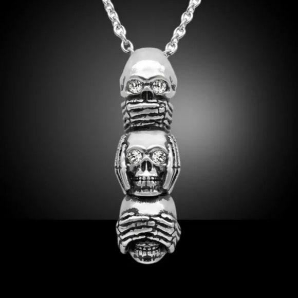 Silver titanium and skulls see hear speak no evil totem boho goth punk necklace - Picture 2 of 4